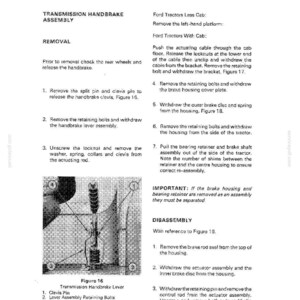 May include: A black and white technical diagram from a manual detailing the handbrake assembly overhaul for Ford tractors. The diagram includes text, illustrations, and numbered steps for removal and disassembly.