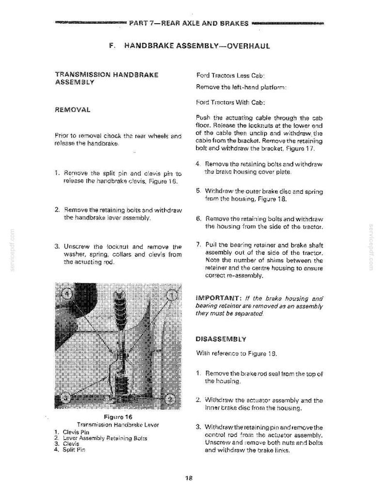 May include: A black and white technical diagram from a manual detailing the handbrake assembly overhaul for Ford tractors. The diagram includes text, illustrations, and numbered steps for removal and disassembly.