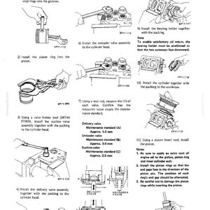 May include: A technical manual page titled AUXILIARY EQUIPMENT 11-9, featuring eleven numbered black and white line drawings illustrating mechanical assembly steps for a piston and cylinder head, including text instructions and maintenance standards.