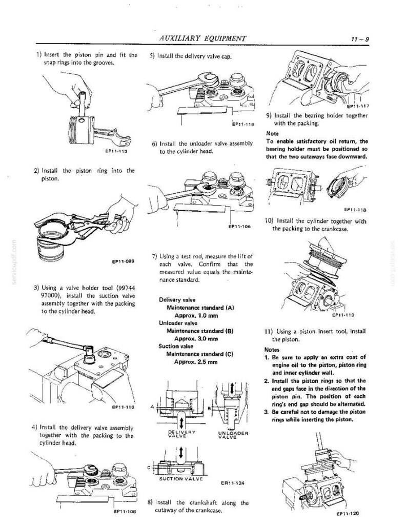 May include: A technical manual page titled AUXILIARY EQUIPMENT 11-9, featuring eleven numbered black and white line drawings illustrating mechanical assembly steps for a piston and cylinder head, including text instructions and maintenance standards.