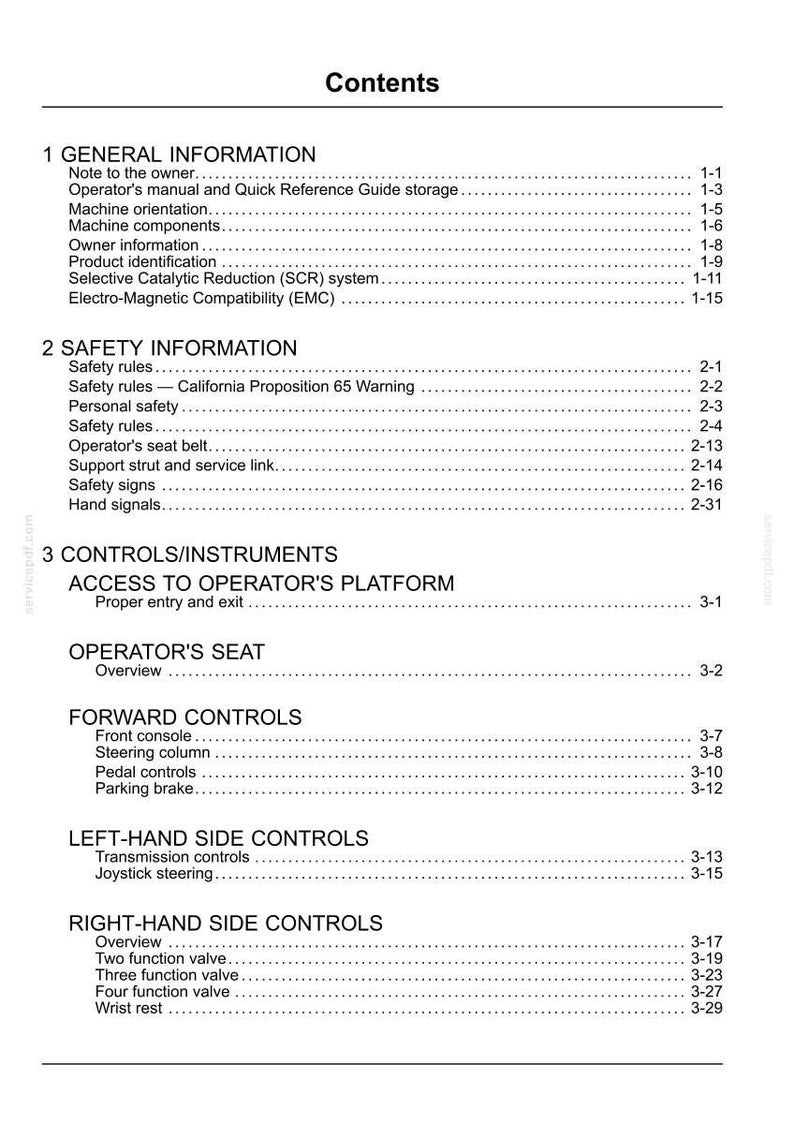 May include: A black and white document page titled "Contents" with a list of topics including "General Information", "Safety Information", and "Controls/Instruments". The document is a manual or guide.