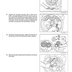 Puede incluir: Diagrama del proceso de desmontaje de una transmisi&oacute;n powershift. Instrucciones paso a paso con ilustraciones que muestran la extracci&oacute;n de pernos, el soporte de la carcasa del convertidor y la extracci&oacute;n del cojinete. El texto incluye instrucciones y n&uacute;meros de pieza.