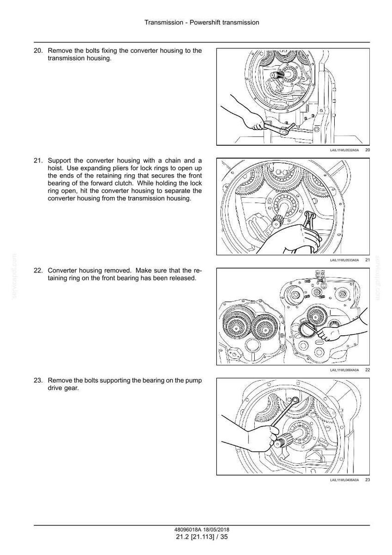 Puede incluir: Diagrama del proceso de desmontaje de una transmisi&oacute;n powershift. Instrucciones paso a paso con ilustraciones que muestran la extracci&oacute;n de pernos, el soporte de la carcasa del convertidor y la extracci&oacute;n del cojinete. El texto incluye instrucciones y n&uacute;meros de pieza.