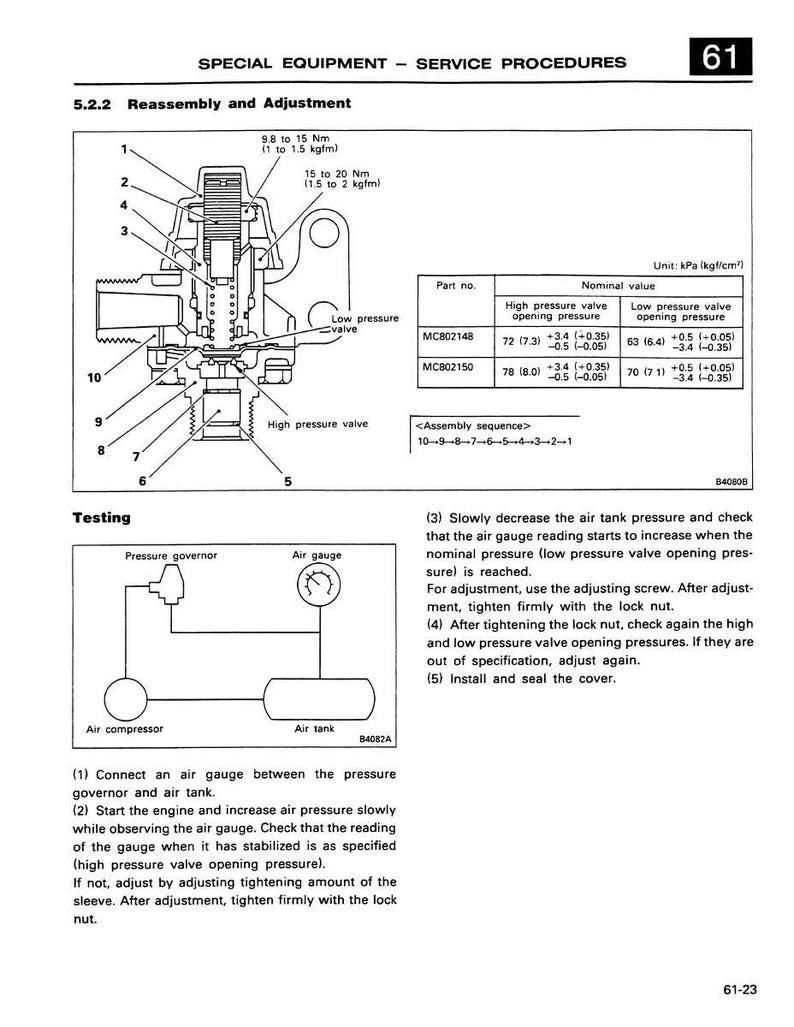 K&ouml;nnte beinhalten: Technische Zeichnung aus einem Servicehandbuch, die die Montage und Einstellung einer mechanischen Komponente detailliert. Enth&auml;lt Diagramme, Teilenummern und Nenndruckwerte in kPa und kgf/cm&sup2;. Anweisungen zum Testen und Einstellen sind ebenfalls enthalten.