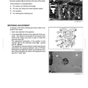 May include: Diagram of a metering system with text detailing adjustments. Includes illustrations of a meter box, deflector lever positions, and metering adjustment components. Features a millimeter scale graded from 0-50 mm and a wheel.