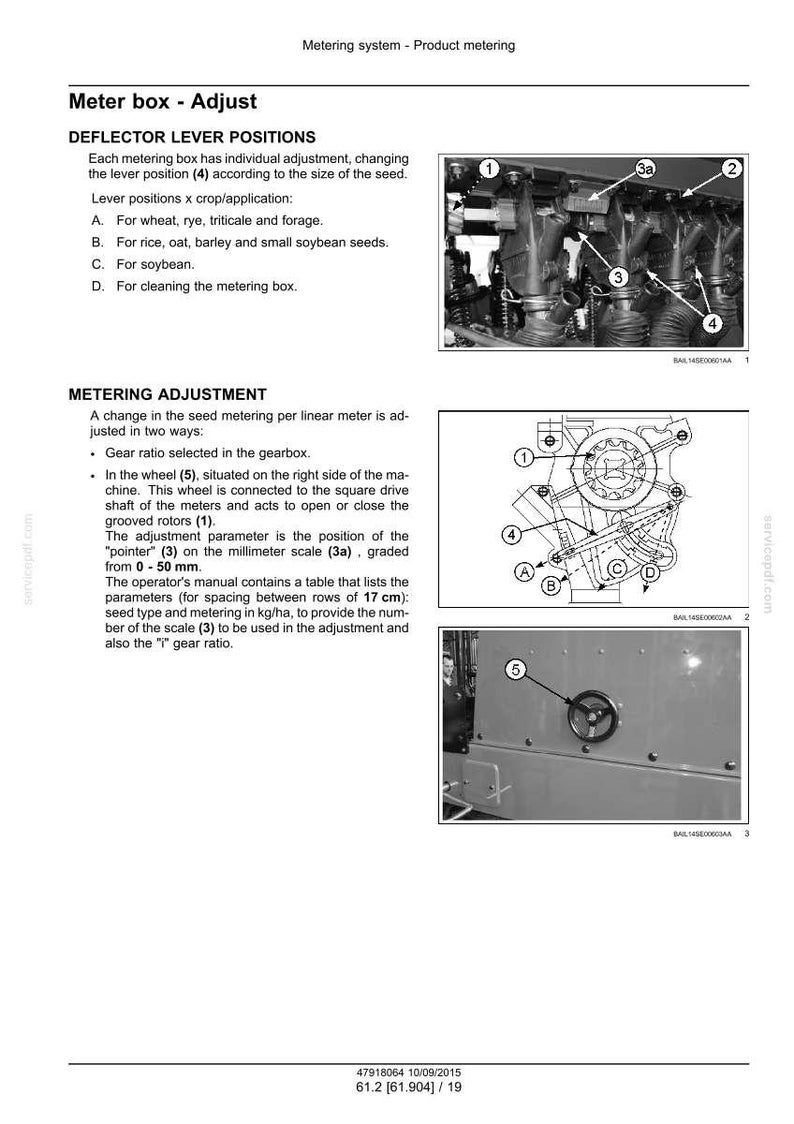 May include: Diagram of a metering system with text detailing adjustments. Includes illustrations of a meter box, deflector lever positions, and metering adjustment components. Features a millimeter scale graded from 0-50 mm and a wheel.