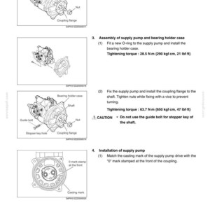 May include: Diagram of a fuel system assembly, including a supply pump, bearing holder case, shaft, and coupling flange. The diagram includes labels for components and instructions for assembly and installation, with tightening torque specifications.