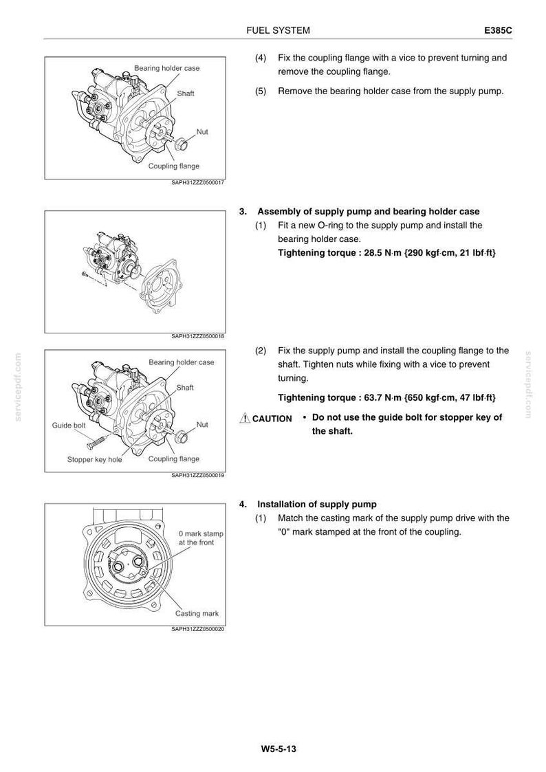 May include: Diagram of a fuel system assembly, including a supply pump, bearing holder case, shaft, and coupling flange. The diagram includes labels for components and instructions for assembly and installation, with tightening torque specifications.