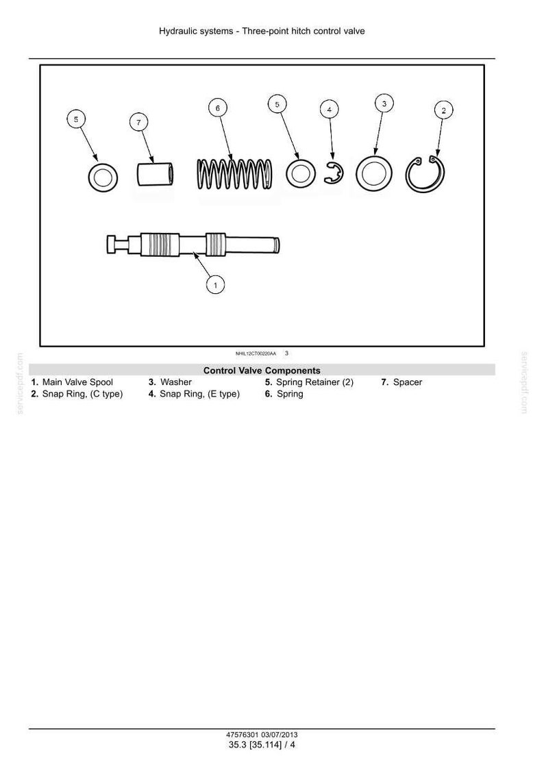 May include: Diagram of hydraulic system components, including a main valve spool, snap rings, washers, springs, and a spacer. The image is a technical illustration with labels for each part.