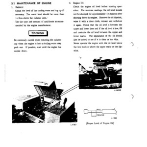K&ouml;nnte beinhalten: Eine Seite aus einem technischen Handbuch mit dem Titel 3. MAINTENANCE PROCEDURE, die Anweisungen zur Motorwartung, einen Warnhinweis, ein Schwarz-Wei&szlig;-Foto eines Motorraums und ein Diagramm mit der Beschriftung Proper Level of Engine Oil enth&auml;lt.