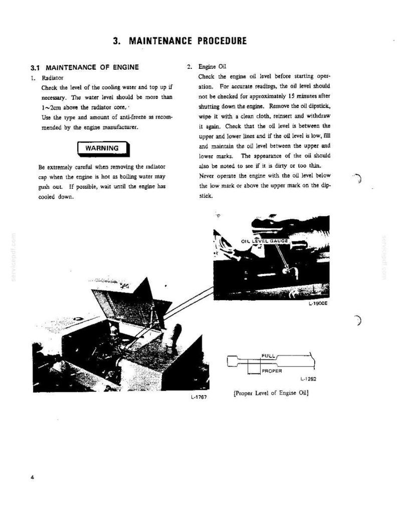 K&ouml;nnte beinhalten: Eine Seite aus einem technischen Handbuch mit dem Titel 3. MAINTENANCE PROCEDURE, die Anweisungen zur Motorwartung, einen Warnhinweis, ein Schwarz-Wei&szlig;-Foto eines Motorraums und ein Diagramm mit der Beschriftung Proper Level of Engine Oil enth&auml;lt.