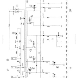 May include: Diagram of an electrical system with various components, including relays, fuses, and connectors, labeled with alphanumeric identifiers. The diagram is in black and white, with lines and symbols representing circuits and connections.