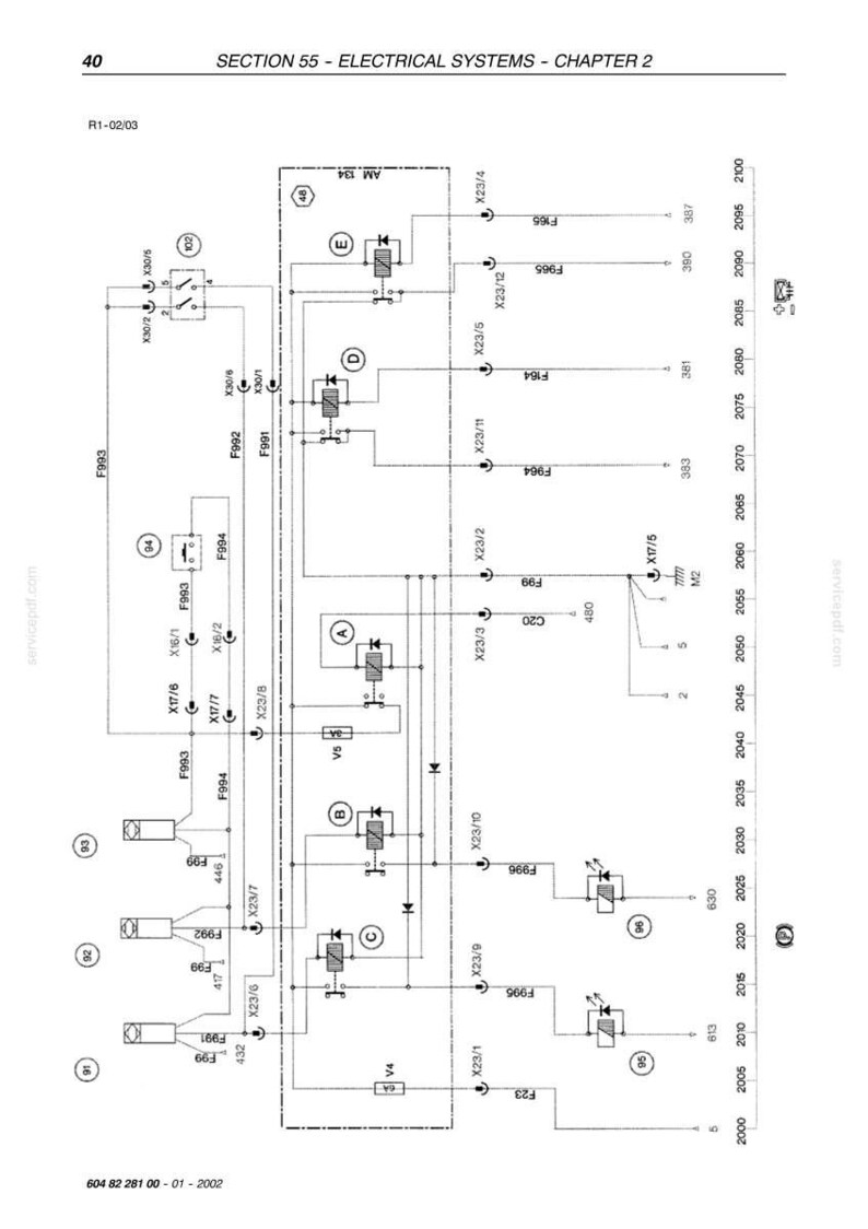 May include: Diagram of an electrical system with various components, including relays, fuses, and connectors, labeled with alphanumeric identifiers. The diagram is in black and white, with lines and symbols representing circuits and connections.