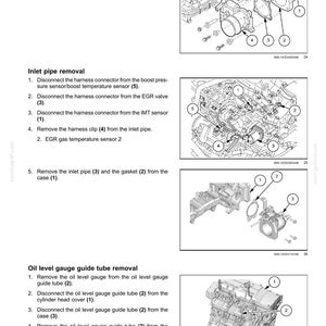 May include: Diagrams illustrating engine components and procedures. Includes images of the intake throttle valve, inlet pipe removal, and oil level gauge guide tube removal. Text labels identify parts with numbers for reference. The diagrams are in black and white.