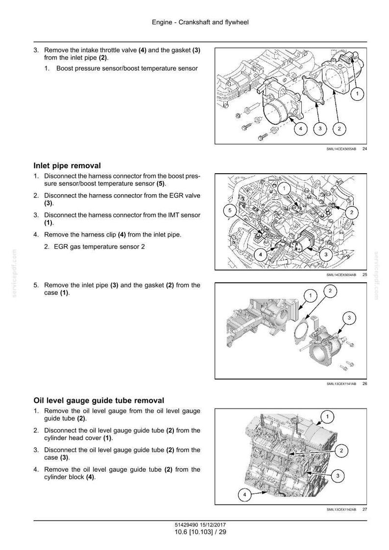 May include: Diagrams illustrating engine components and procedures. Includes images of the intake throttle valve, inlet pipe removal, and oil level gauge guide tube removal. Text labels identify parts with numbers for reference. The diagrams are in black and white.