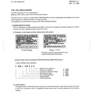 May include: A technical bulletin titled Specifications (EPA Engine) dated November 16, 1999, for Yanmar TNE engine models. It details EPA regulations, engine identification labels for different power ranges, and a breakdown of the engine family name.