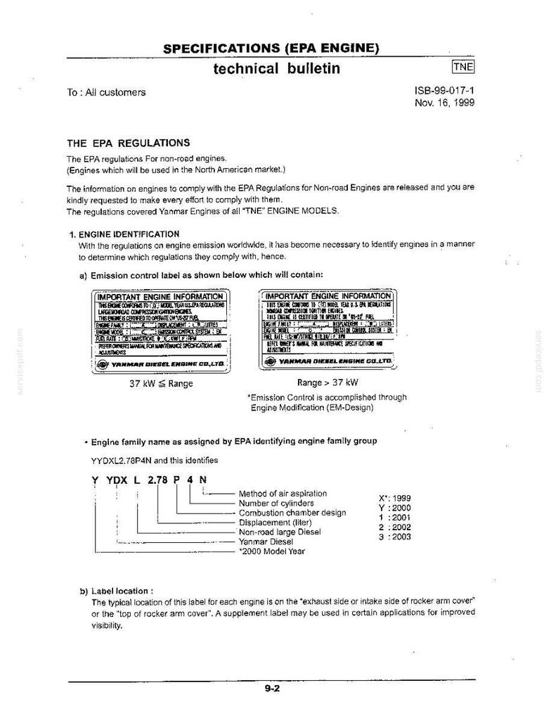 May include: A technical bulletin titled Specifications (EPA Engine) dated November 16, 1999, for Yanmar TNE engine models. It details EPA regulations, engine identification labels for different power ranges, and a breakdown of the engine family name.