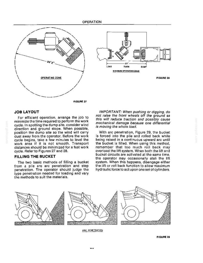 May include: A technical manual page titled OPERATION featuring diagrams of heavy machinery work zones and bucket filling methods. It includes Figure 27 showing a 20' 2" operating zone, Figure 28 with a 27' minimum operating zone, and Figure 29.