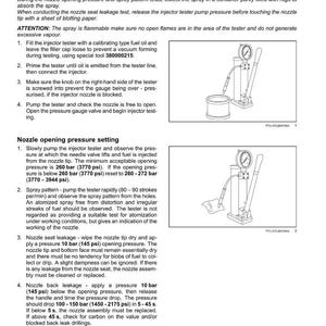 May include: Diagram of a fuel injector tester with instructions for testing and overhaul. The image includes a pressure gauge, hoses, and a container. Text details nozzle opening pressure and leakage tests.