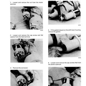 May include: Black and white images from a manual detailing the disassembly of a starter motor. The images show steps like removing nuts, screws, and connectors, with the word "STARTER" at the top.