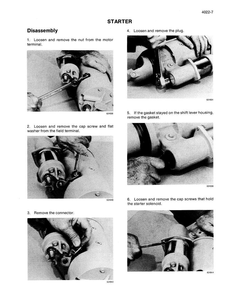 May include: Black and white images from a manual detailing the disassembly of a starter motor. The images show steps like removing nuts, screws, and connectors, with the word "STARTER" at the top.