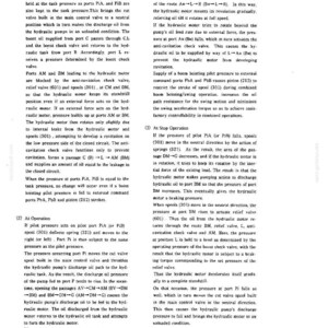 May include: A technical document page featuring black text on a white background, detailing hydraulic system operations including Hold Condition, At Operation, and At Stop Operation, with numbered references to components like spools and valves.