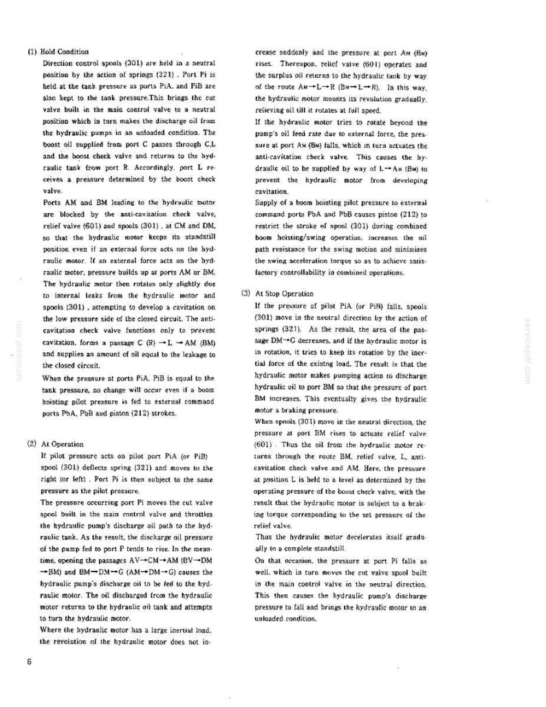 May include: A technical document page featuring black text on a white background, detailing hydraulic system operations including Hold Condition, At Operation, and At Stop Operation, with numbered references to components like spools and valves.
