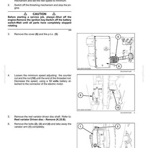 May include: A technical service manual page titled Reel variator Belt - Remove, featuring black and white line drawings of machinery components labeled with numbers 1 through 10, alongside numbered instructional text steps for maintenance.