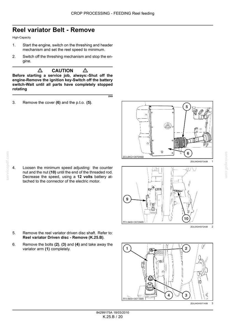 May include: A technical service manual page titled Reel variator Belt - Remove, featuring black and white line drawings of machinery components labeled with numbers 1 through 10, alongside numbered instructional text steps for maintenance.