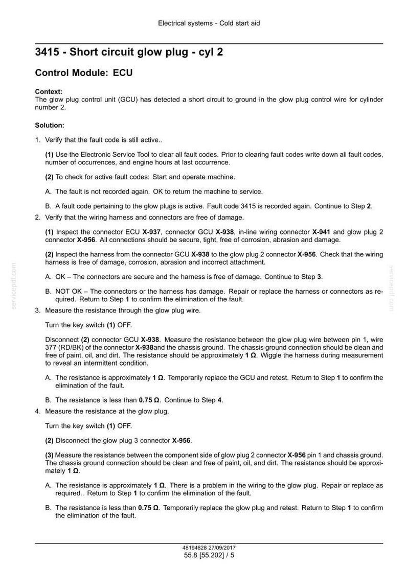 Puede incluir: Documento con pasos para solucionar un cortocircuito en un calentador, titulado "3415 - Cortocircuito buj&iacute;a de incandescencia - cil 2". Incluye instrucciones para verificar conexiones y medir la resistencia. Con fecha del 27/09/2017.