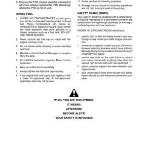 May include: A page from a manual with safety instructions for a Case IH tractor. The text includes warnings about diesel fuel, safety frames, and general equipment maintenance. A warning symbol is also present.