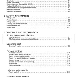 May include: A detailed table of contents from a manual, with sections on general and safety information, controls, and instruments. The text includes topics like operator's seat, forward controls, and safety rules.