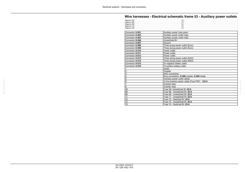 May include: Diagram of wire harnesses and electrical schematic frame 53 for auxiliary power outlets. The document includes a table with connectors, descriptions, and fuse details. Text includes "Electrical systems - harnesses and connectors".