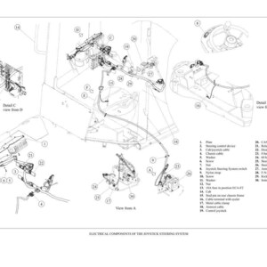 May include: A technical line drawing illustrating the electrical components of a joystick steering system. The diagram features various parts labeled with numbers 1 through 30, including cables, switches, valves, and modules, with detailed views C, D, E, and F.