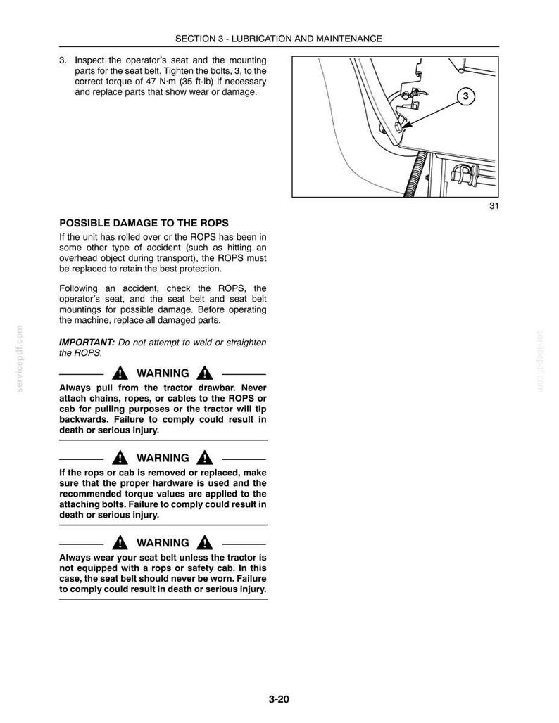 Puede incluir: Una p&aacute;gina de manual t&eacute;cnico titulada SECTION 3 - LUBRICATION AND MAINTENANCE, que presenta un dibujo lineal de un punto de montaje del cintur&oacute;n de seguridad etiquetado con el n&uacute;mero 3. El texto incluye instrucciones de inspecci&oacute;n y advertencias ROPS.