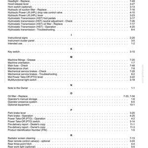 Puede incluir: Una p&aacute;gina de &iacute;ndice en blanco y negro de un manual t&eacute;cnico, que enumera temas alfab&eacute;ticamente de la G a la R. El texto incluye encabezados como General specifications, Hand throttle lever, Hydraulic Power Lift, Key switch y Radiator screen cleaning.