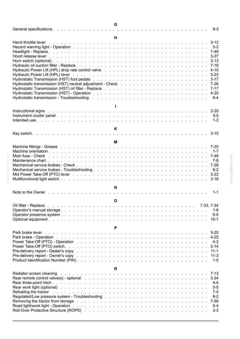 Puede incluir: Una p&aacute;gina de &iacute;ndice en blanco y negro de un manual t&eacute;cnico, que enumera temas alfab&eacute;ticamente de la G a la R. El texto incluye encabezados como General specifications, Hand throttle lever, Hydraulic Power Lift, Key switch y Radiator screen cleaning.
