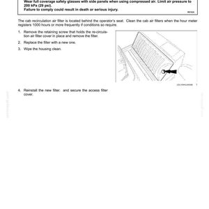May include: Diagram of a cab air filter and recirculation filter with instructions for maintenance. Text includes a warning about eye injury and safety precautions. The image shows a detailed view of the filter.
