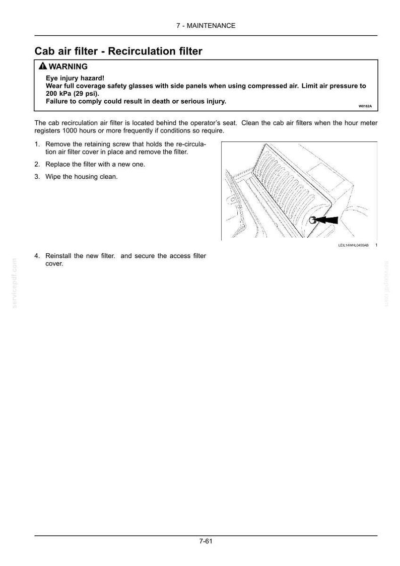 May include: Diagram of a cab air filter and recirculation filter with instructions for maintenance. Text includes a warning about eye injury and safety precautions. The image shows a detailed view of the filter.