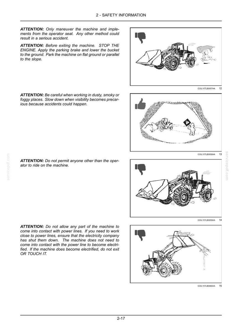 May include: Page from a manual with safety information. Illustrations show a construction vehicle with safety warnings. Text includes instructions about operating the machine, stopping the engine, and avoiding power lines.