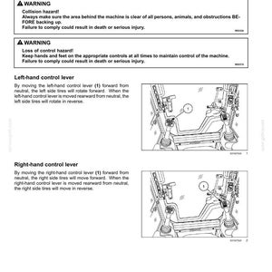 Puede incluir: Una p&aacute;gina de manual t&eacute;cnico titulada 3-CONTROLS AND INSTRUMENTS que detalla el patr&oacute;n de control H para direcci&oacute;n y desplazamiento. Incluye advertencias de seguridad sobre riesgos de colisi&oacute;n y p&eacute;rdida de control, junto a diagramas de palancas.