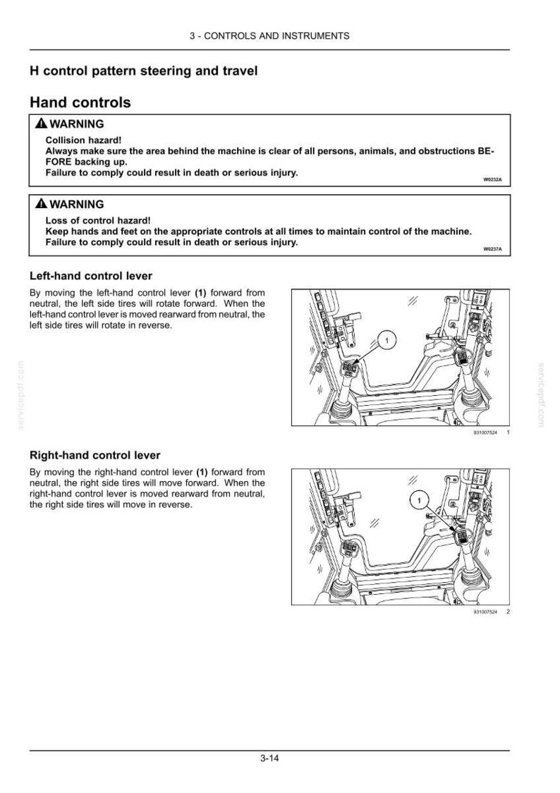 Puede incluir: Una p&aacute;gina de manual t&eacute;cnico titulada 3-CONTROLS AND INSTRUMENTS que detalla el patr&oacute;n de control H para direcci&oacute;n y desplazamiento. Incluye advertencias de seguridad sobre riesgos de colisi&oacute;n y p&eacute;rdida de control, junto a diagramas de palancas.
