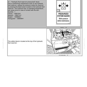 May include: A safety information page with a warning label about pressurized hydraulic systems. The label warns to relieve pressure before maintenance. The image also shows a diagram of a hydraulic fluid reservoir.
