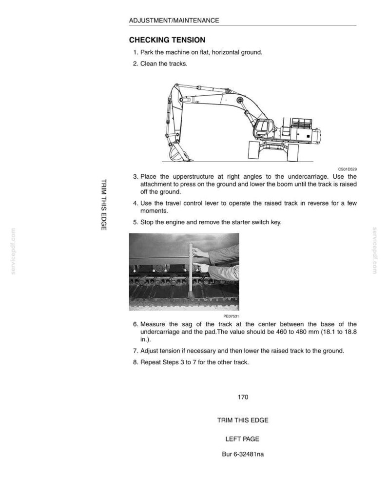 May include: A page from a manual detailing the adjustment and maintenance of heavy machinery. The text includes instructions for checking tension, with diagrams of the equipment and measurements in inches and millimeters.