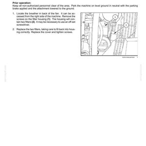 May include: Diagram of an engine breather filter maintenance procedure. The image includes a detailed illustration of the filter housing, with numbered components and instructions for replacement. Text includes "Engine breather filter" and maintenance steps.