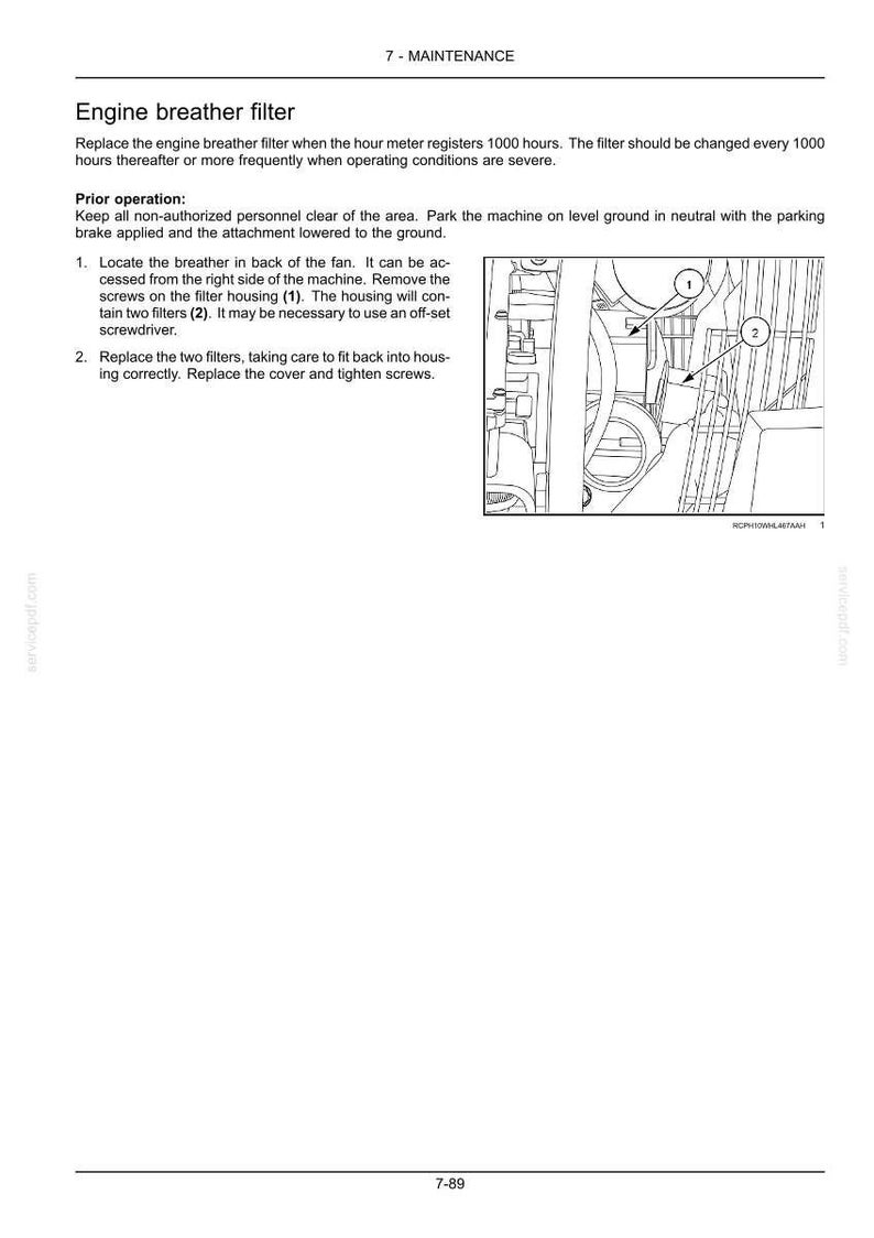 May include: Diagram of an engine breather filter maintenance procedure. The image includes a detailed illustration of the filter housing, with numbered components and instructions for replacement. Text includes "Engine breather filter" and maintenance steps.