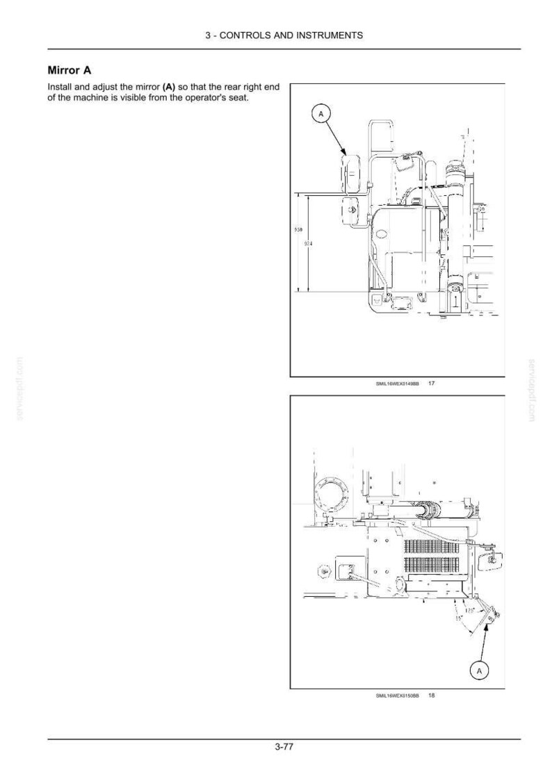 May include: A technical manual page titled 3 - CONTROLS AND INSTRUMENTS featuring Mirror A. Two black and white line drawings illustrate the installation and adjustment of a mirror on a machine, with arrows pointing to component A and numerical data.