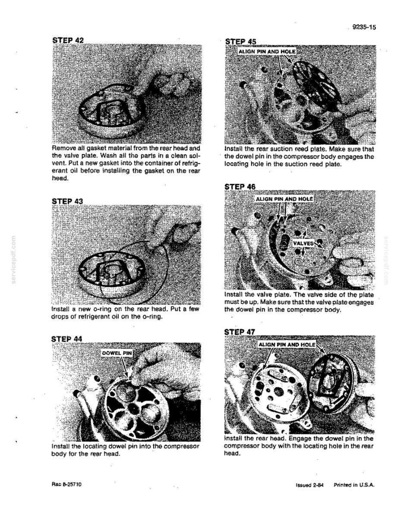 May include: A black and white technical diagram with step-by-step instructions for automotive repair. The image shows various components, including a valve plate, dowel pin, and o-ring, with accompanying text and labels.