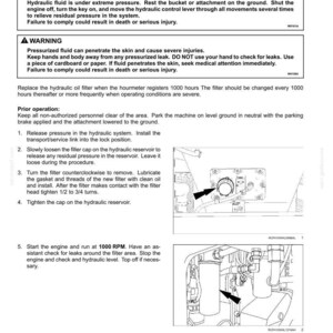 May include: A technical maintenance page titled Hydraulic oil filter, featuring safety warnings about pressurized fluid, instructions for replacing the filter every 1000 hours, and two black and white diagrams illustrating the filter location and removal.