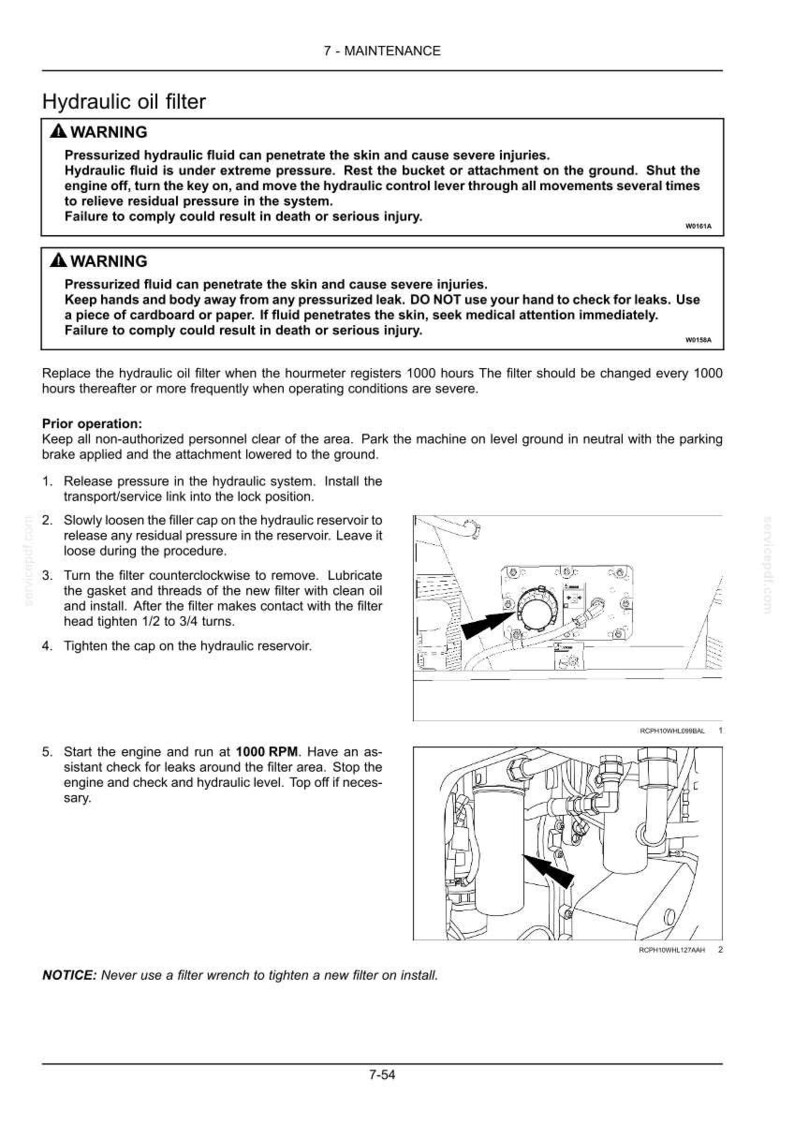 May include: A technical maintenance page titled Hydraulic oil filter, featuring safety warnings about pressurized fluid, instructions for replacing the filter every 1000 hours, and two black and white diagrams illustrating the filter location and removal.